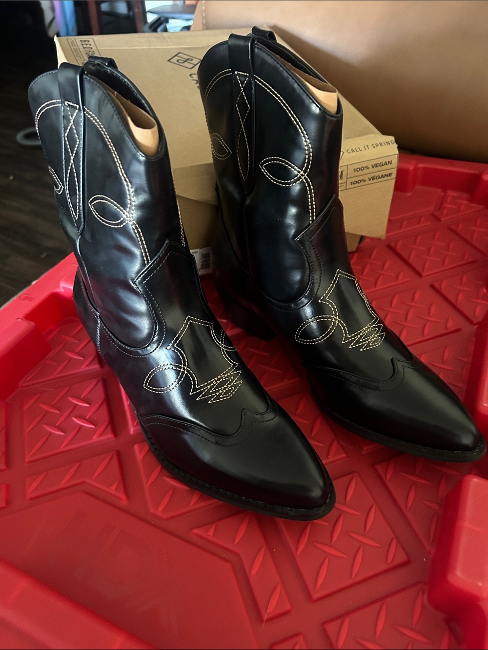 Call It Spring Black Western Ankle Boots with Contrast Stitching